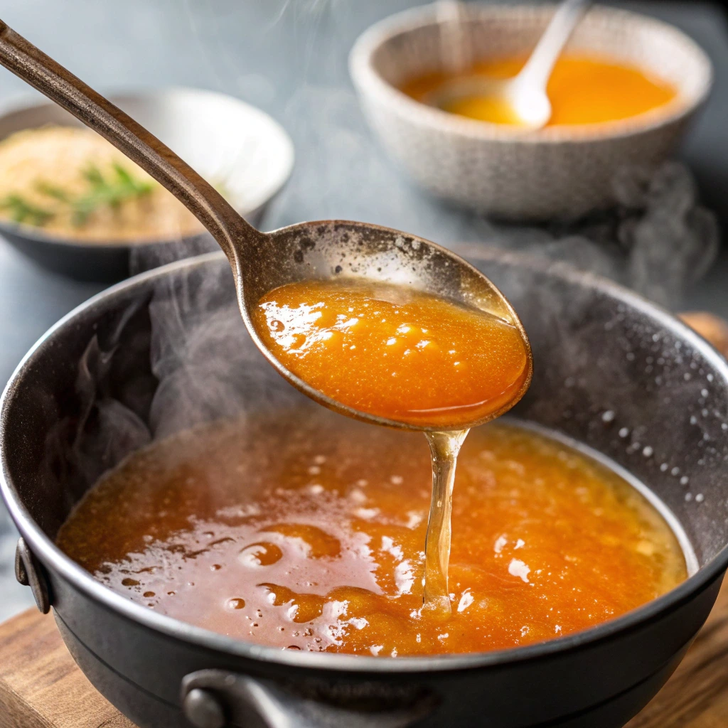 Ladle lifting steaming orange marmalade glaze from a hot pan during preparation for citrus-glazed chicken.
