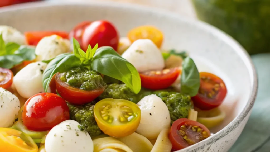 Fresh pesto pasta salad with basil, cherry tomatoes, mozzarella balls, and vibrant green pesto in a white bowl.
