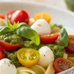 Fresh pesto pasta salad with basil, cherry tomatoes, mozzarella balls, and vibrant green pesto in a white bowl.