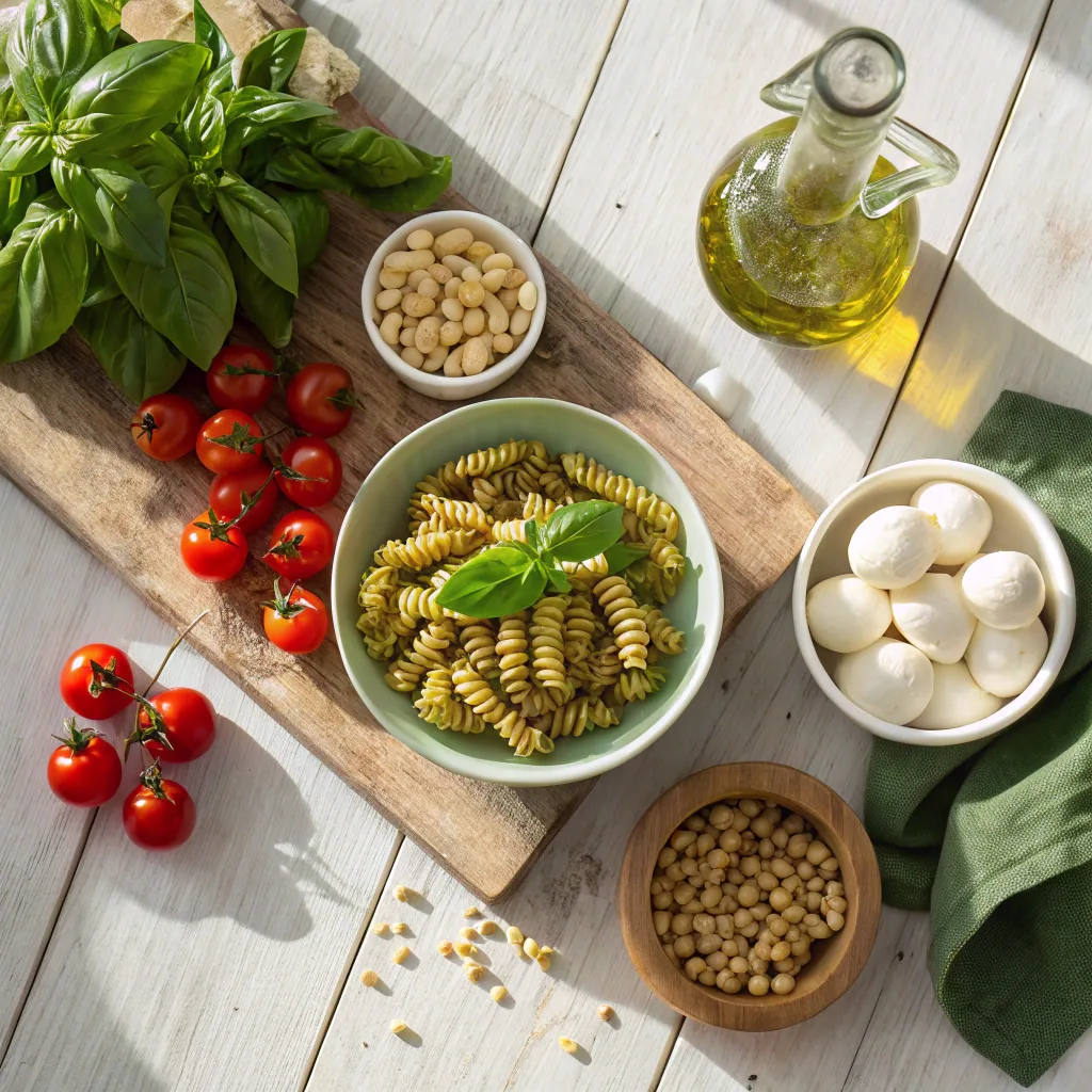 Fresh ingredients for pesto pasta salad including basil leaves, cherry tomatoes, rotini pasta, mozzarella balls, pine nuts, and olive oil on a rustic board.