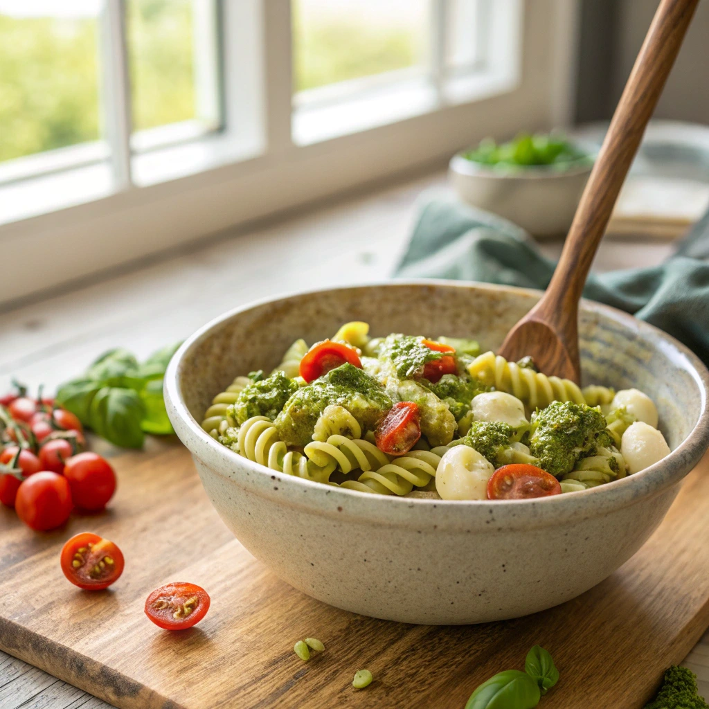 Hand tossing fusilli pasta with vibrant green pesto sauce in a rustic bowl to prepare a fresh pesto pasta salad, surrounded by cherry tomatoes and mozzarella balls.