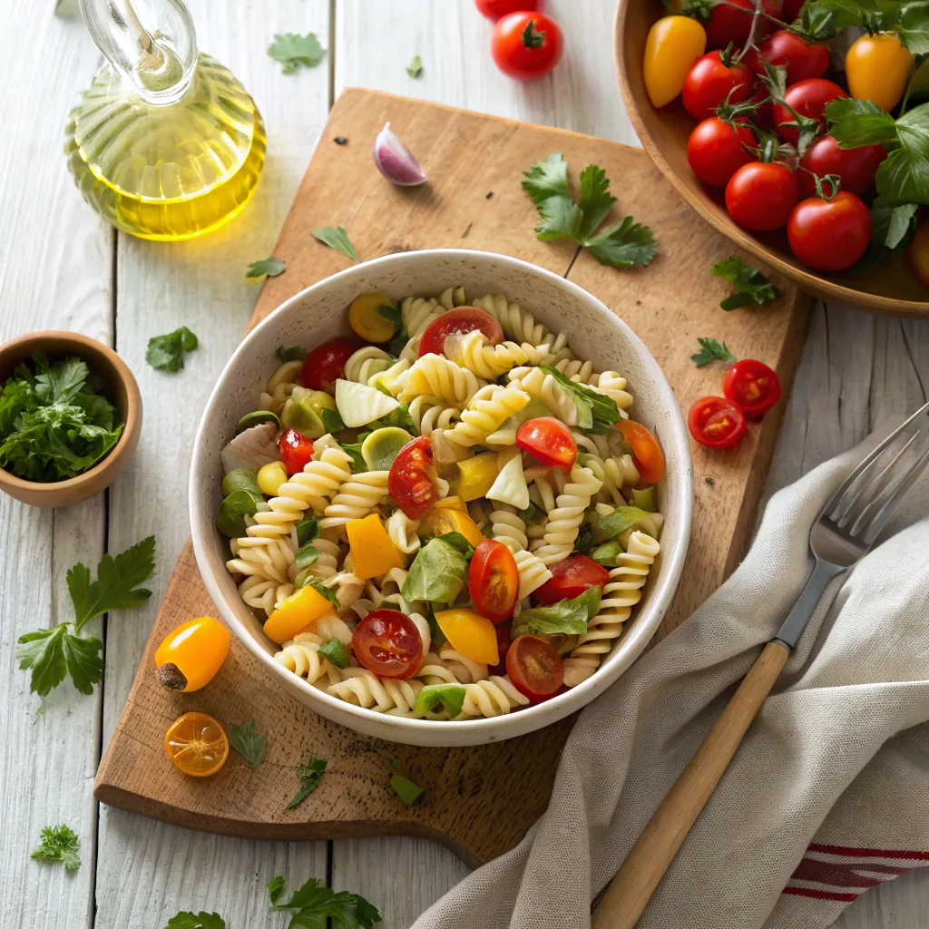 Colorful pesto pasta salad with rotini pasta, cherry tomatoes, bell peppers, and fresh basil served in a rustic bowl with olive oil on the side.