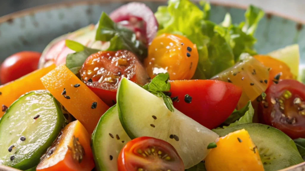 Fresh summer salad with watermelon, feta, cucumber, tomatoes, and mint for a refreshing Watermelon Feta Salad.
