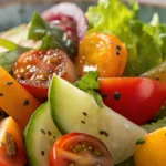 Fresh summer salad with watermelon, feta, cucumber, tomatoes, and mint for a refreshing Watermelon Feta Salad.