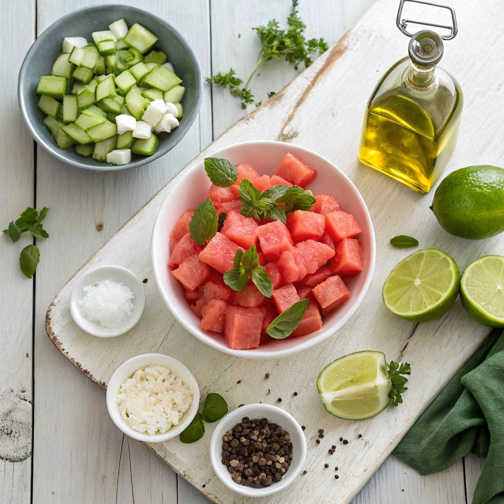 Fresh ingredients for Watermelon Feta Salad including watermelon cubes, feta cheese, cucumber, mint, lime, olive oil, salt, and pepper.