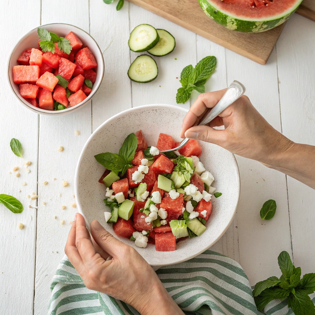 Preparing a Watermelon Feta Salad with watermelon cubes, cucumber, fresh mint, and crumbled feta cheese in a white bowl.