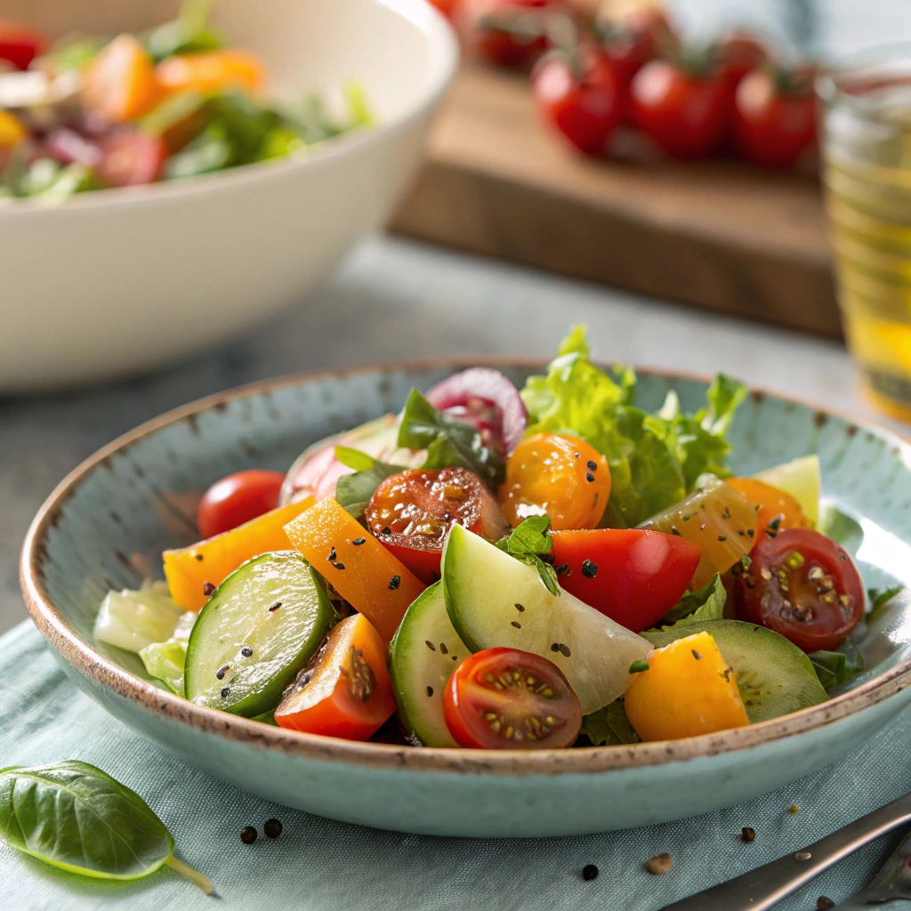 Colorful Watermelon Feta Salad with cucumber slices, cherry tomatoes, fresh greens, and herbs served in a rustic ceramic bowl.