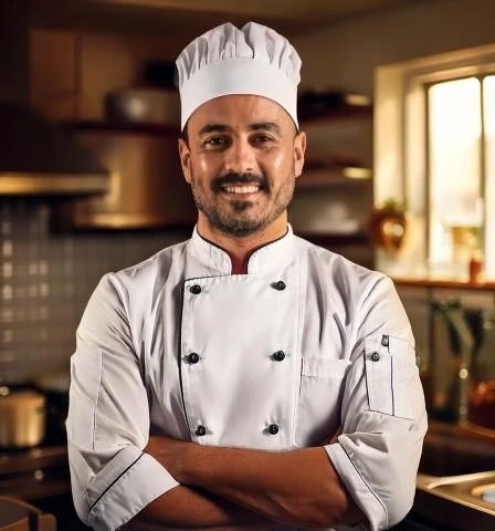 Smiling professional chef standing confidently in a kitchen, wearing a white chef’s uniform and hat.