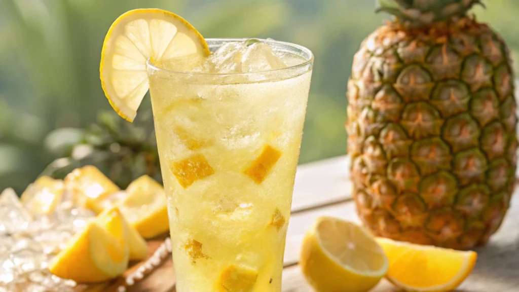 Refreshing glass of pineapple lemonade with lemon slices and pineapple chunks, served with ice on a sunny day.