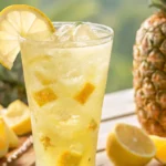 Refreshing glass of pineapple lemonade with lemon slices and pineapple chunks, served with ice on a sunny day.