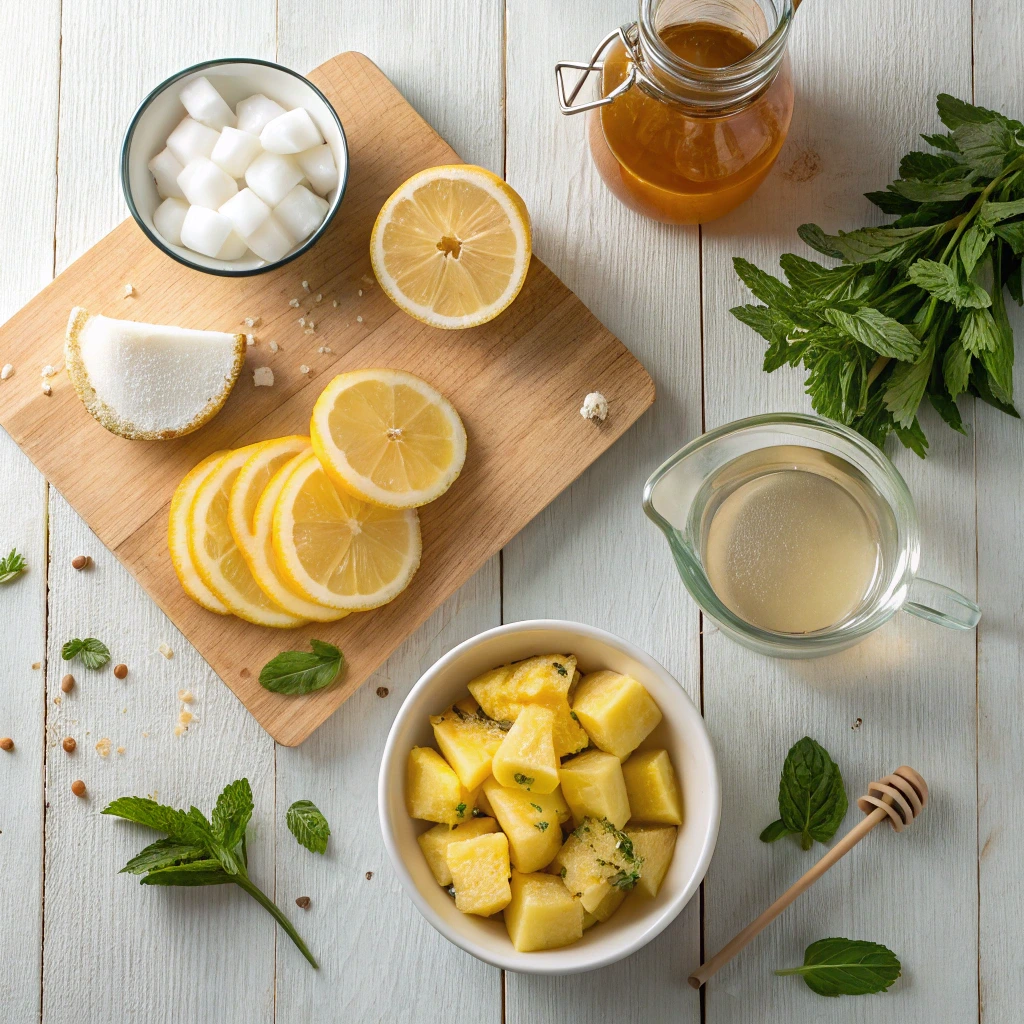 Flat lay of fresh pineapple lemonade ingredients including lemon slices, pineapple chunks, honey, sugar cubes, mint, and water.