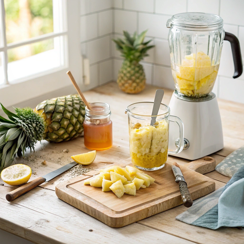 Fresh pineapple, lemon, and honey being prepared on a kitchen counter for homemade pineapple lemonade.