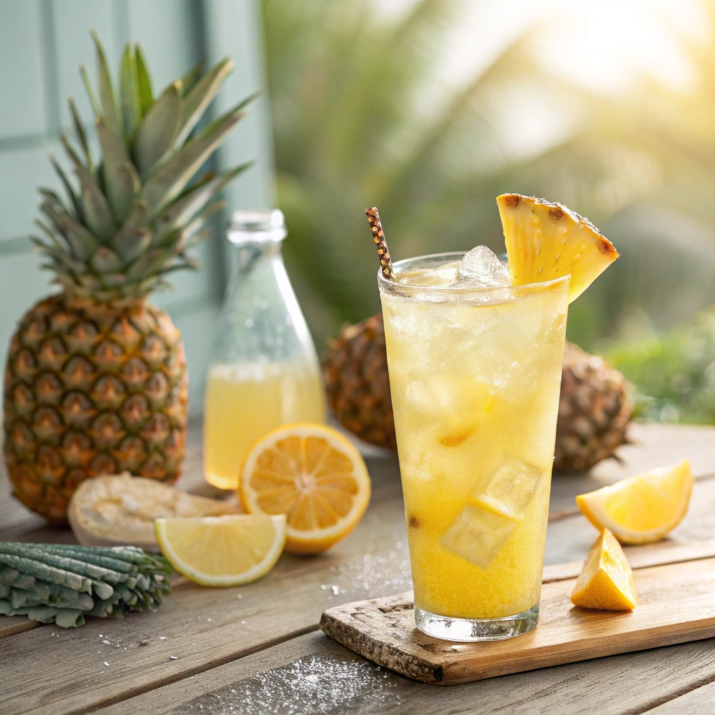 Glass of pineapple lemonade with ice and a pineapple wedge garnish, surrounded by fresh lemons and pineapples.