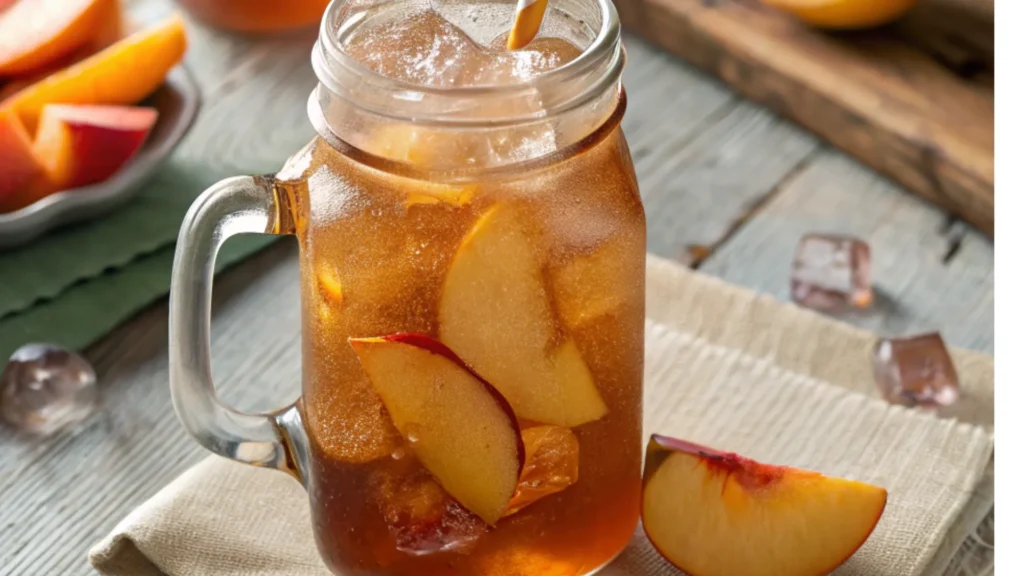 A mason jar filled with sweet tea peaches, packed with fresh peach slices and ice cubes, sitting on a rustic wooden table.