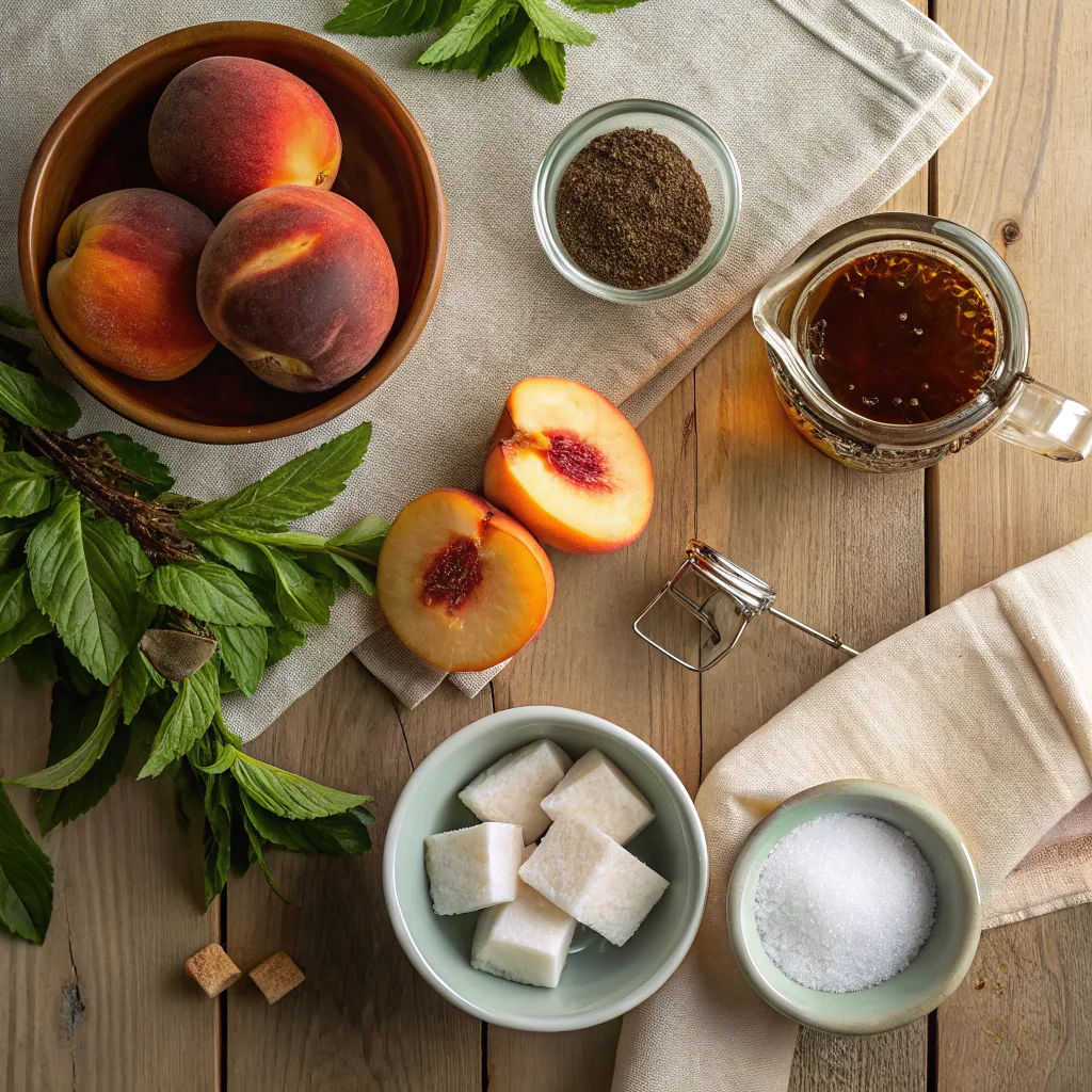 Fresh ingredients for sweet tea peaches, including ripe peaches, tea leaves, sugar cubes, and brewed tea arranged on a rustic wooden table.