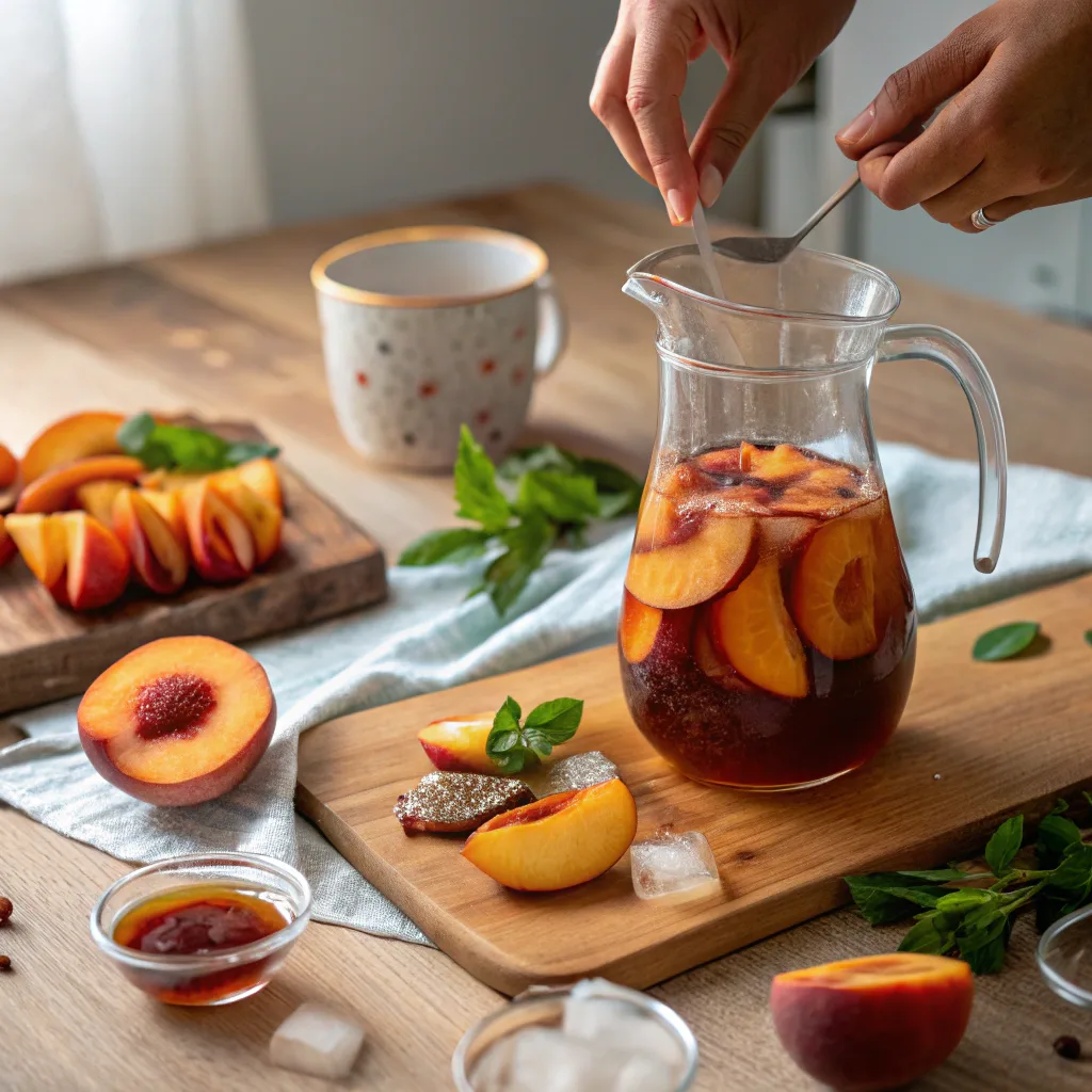 Preparing sweet tea peaches by stirring fresh peach slices into brewed tea inside a clear glass pitcher on a rustic kitchen counter.
