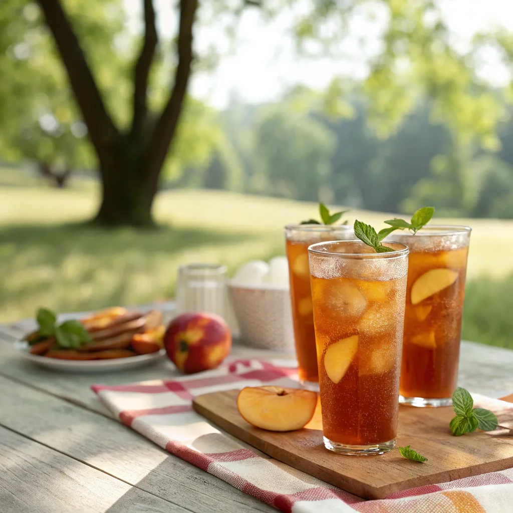 Outdoor picnic table with glasses of sweet tea peaches, filled with peach slices, ice cubes, and garnished with fresh mint on a sunny day.