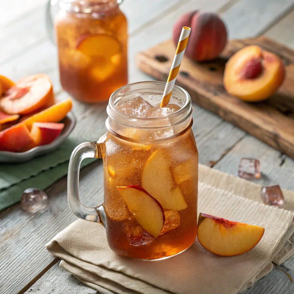 Mason jar of sweet tea peaches with fresh peach slices and ice cubes, set on a rustic wooden table with summer peaches in the background.