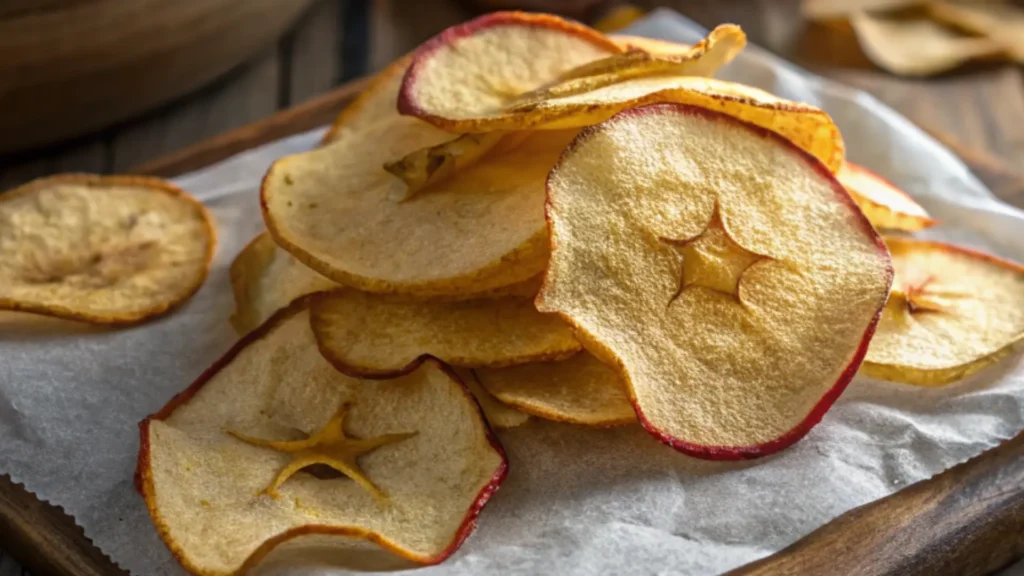 Crispy homemade apple chips made from thinly sliced dried apples