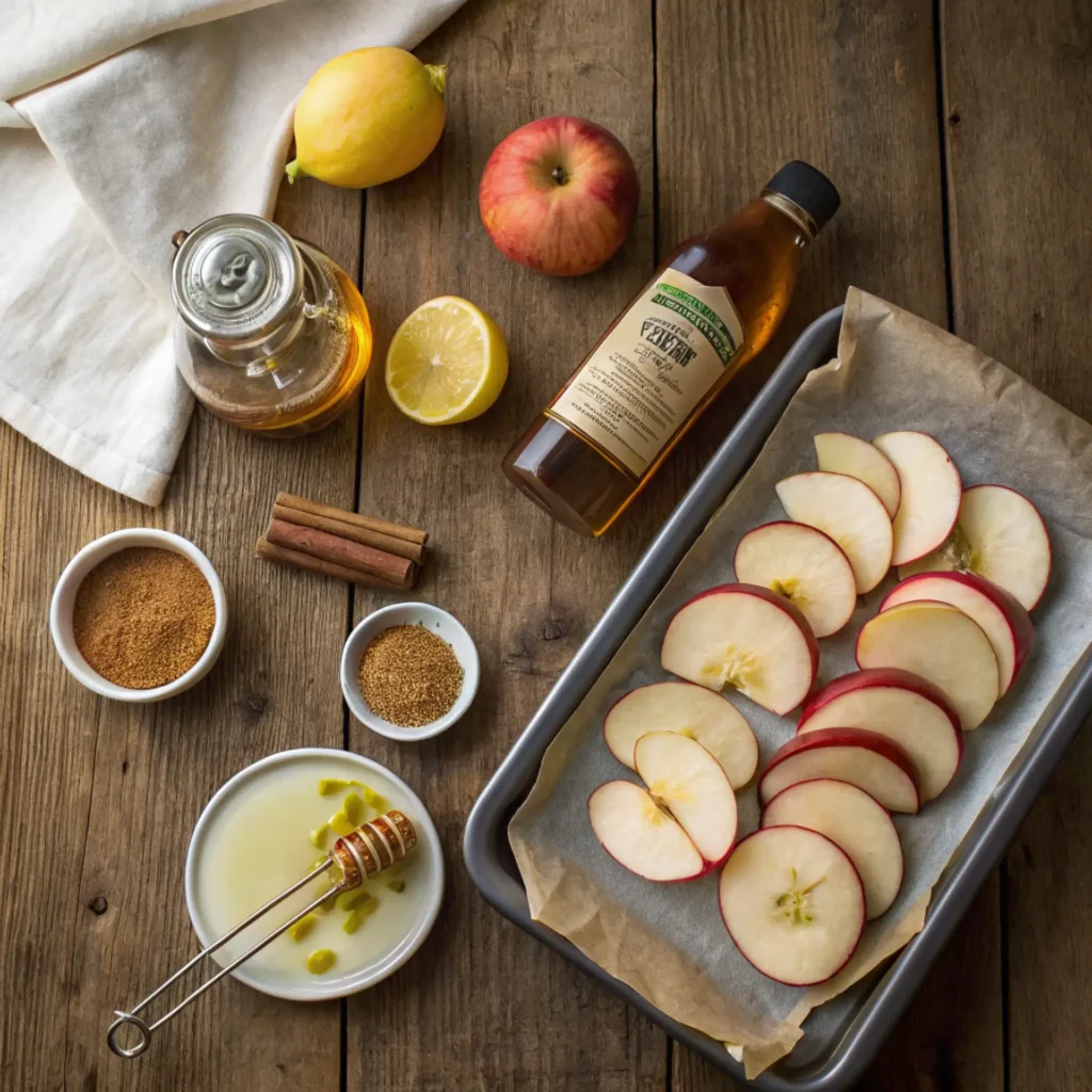 Apple chips preparation with fresh apple slices, cinnamon, honey, and vinegar