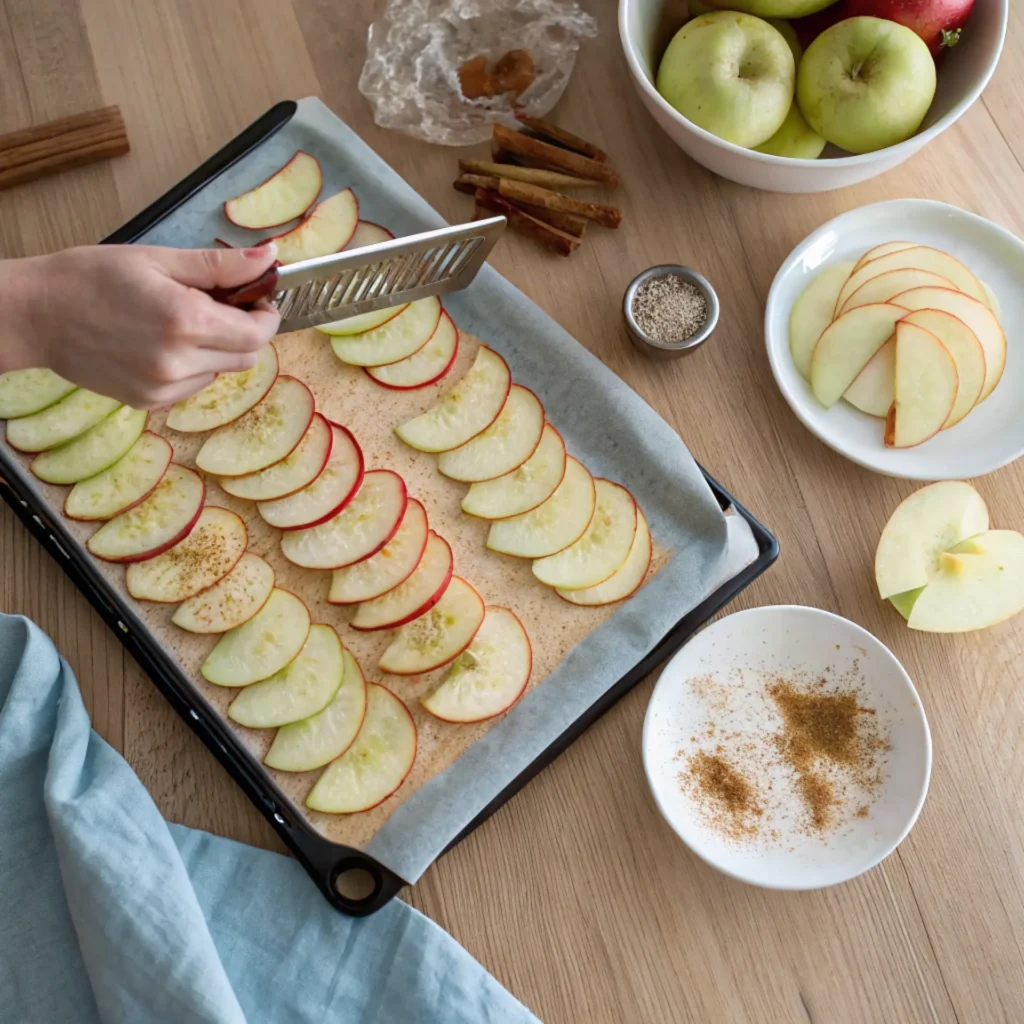 Slicing apples for homemade apple chips on a baking tray with cinnamon