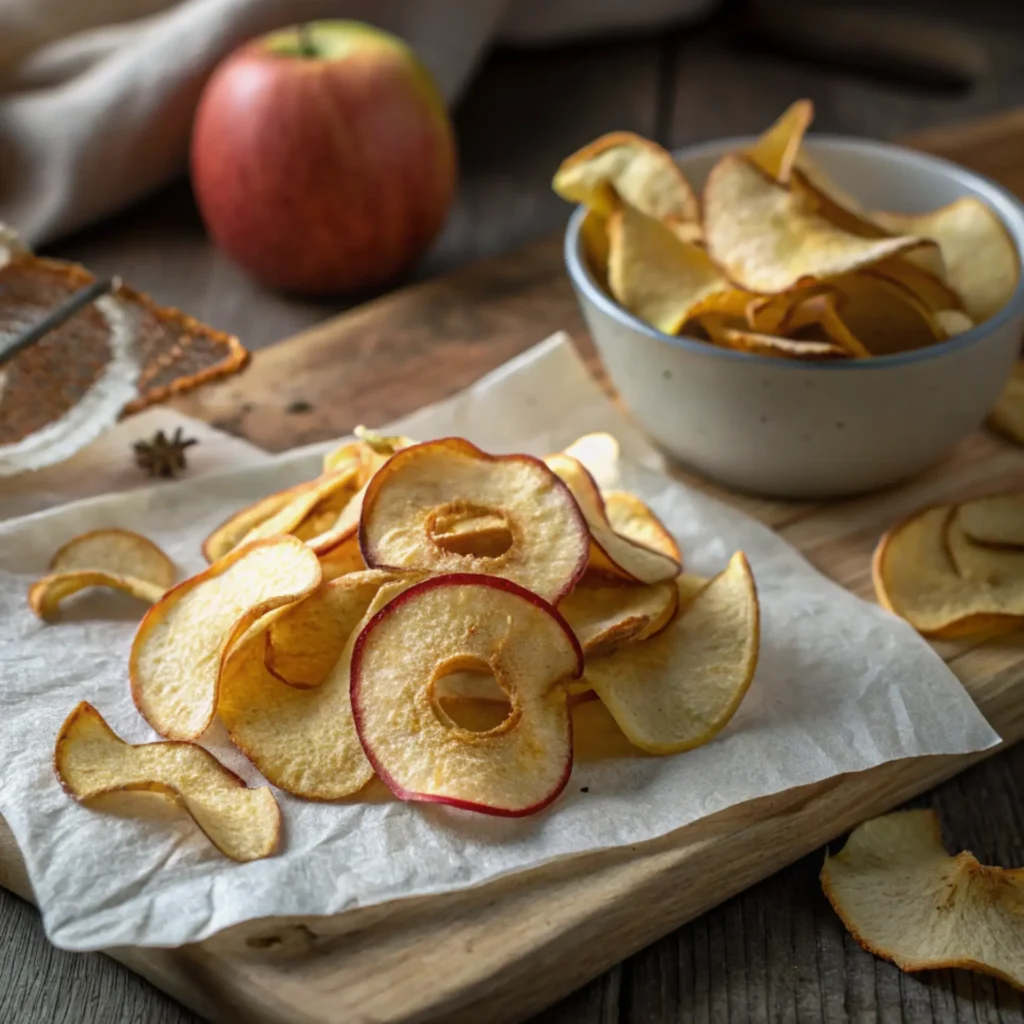 Bowl and serving of crispy apple chips on parchment paper