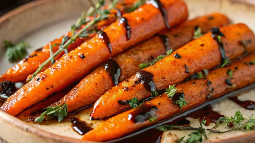 Balsamic glazed carrots topped with fresh thyme and herbs on a rustic plate