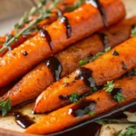 Balsamic glazed carrots topped with fresh thyme and herbs on a rustic plate