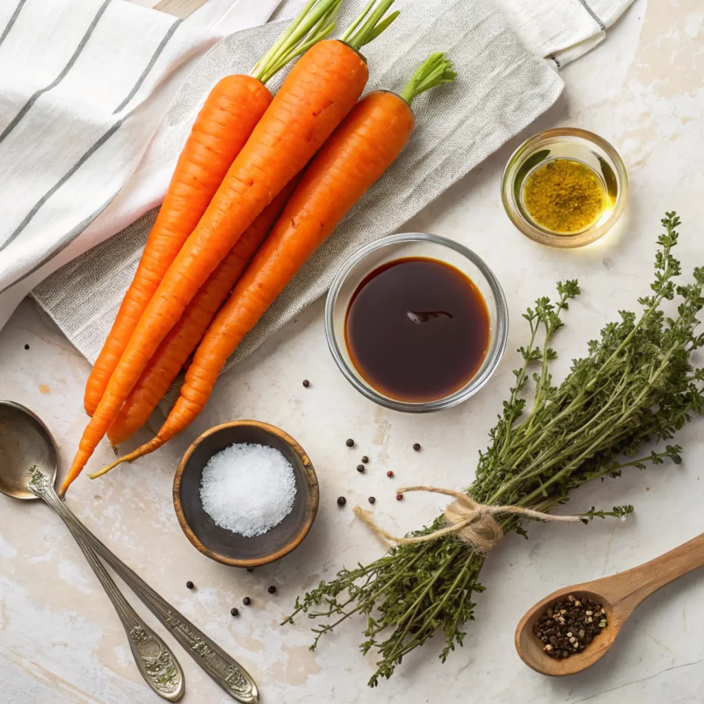 Fresh ingredients for balsamic glazed carrots including carrots, balsamic vinegar, olive oil, thyme, salt, and pepper