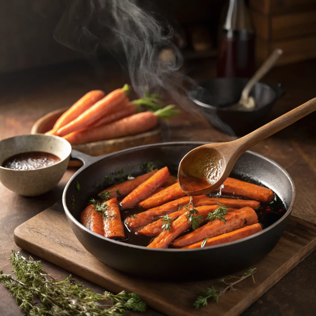 Carrots being cooked in a cast iron pan with balsamic glaze and fresh thyme, with steam rising during preparation