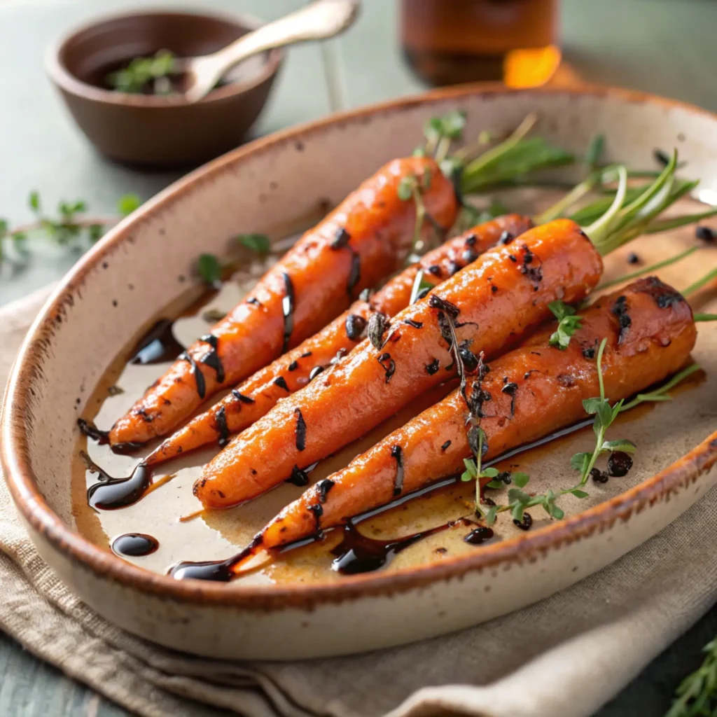Oven-roasted balsamic glazed carrots drizzled with caramelized glaze and garnished with fresh herbs on a rustic plate
