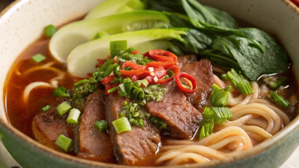 Beef noodle soup with tender beef slices, hand-pulled noodles, bok choy, and spicy broth
