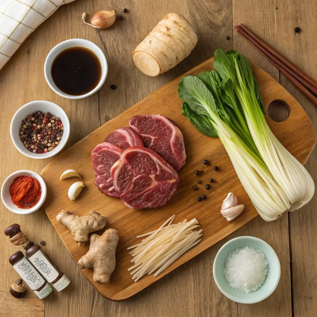 Beef noodle soup ingredients with beef shank, bok choy, noodles, ginger, garlic, soy sauce, and spices