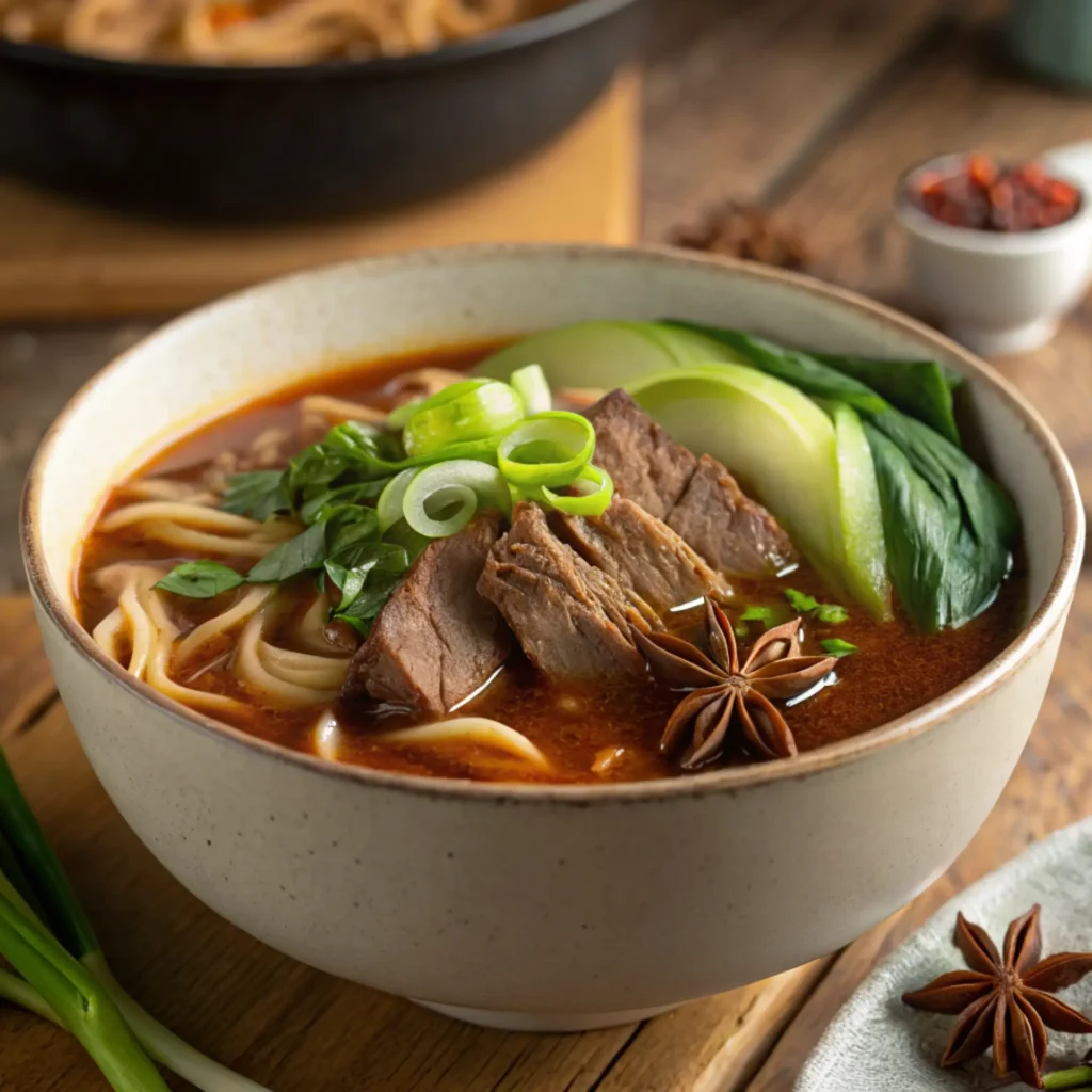 Beef noodle soup served with tender beef, hand-pulled noodles, bok choy, star anise, and green onions