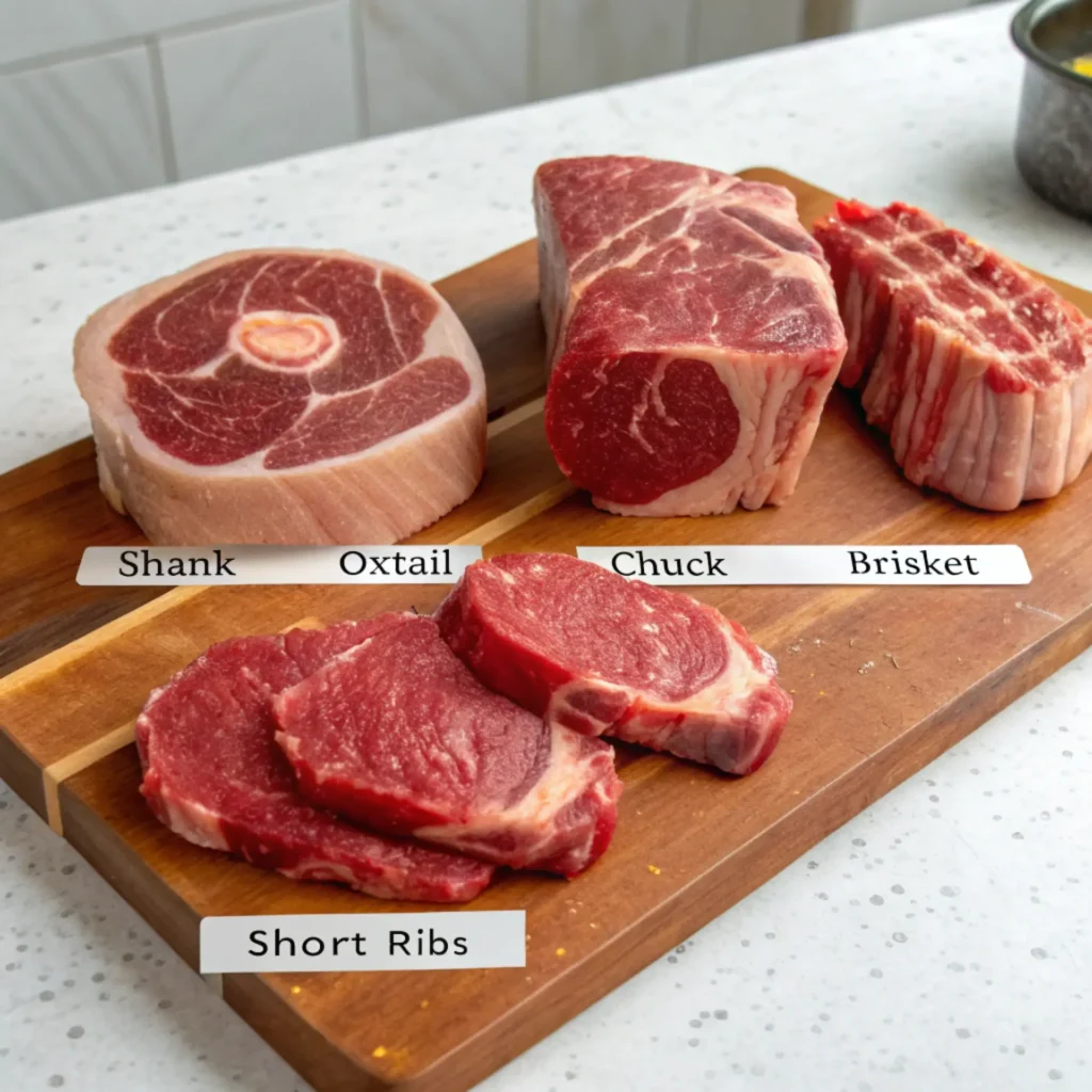 Beef cuts for beef noodle soup including shank, oxtail, chuck, brisket, and short ribs