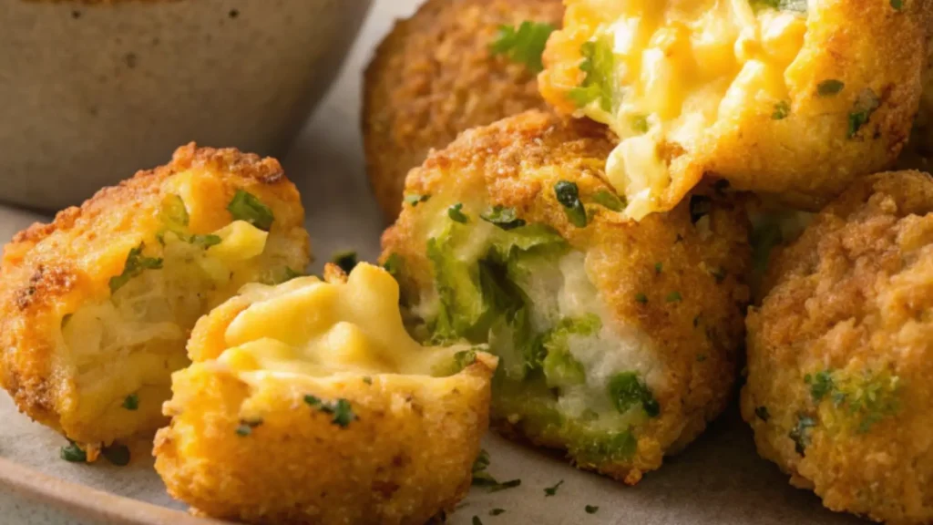 Crispy Broccoli Cheddar Tots with melted cheese filling