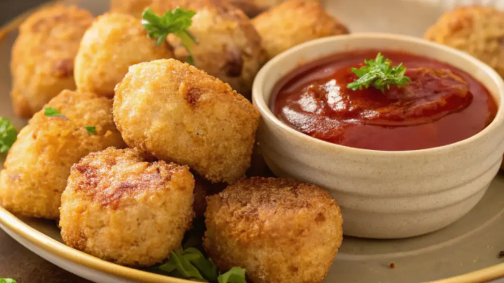 Golden brown cauliflower tots served with tomato dipping sauce, perfect gluten-free and keto-friendly snack option.
