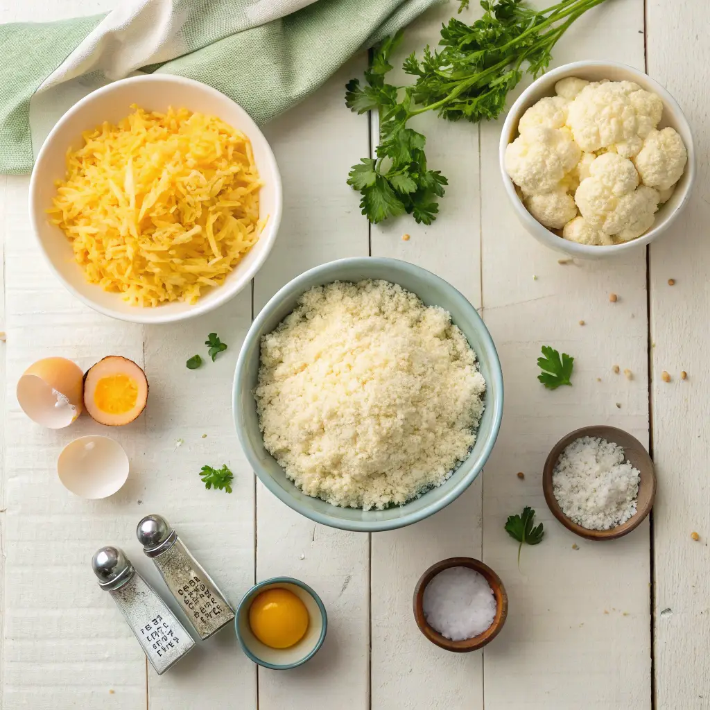 Flat lay of cauliflower tots ingredients including riced cauliflower, grated cheese, egg, salt, and parsley on a white wooden surface.