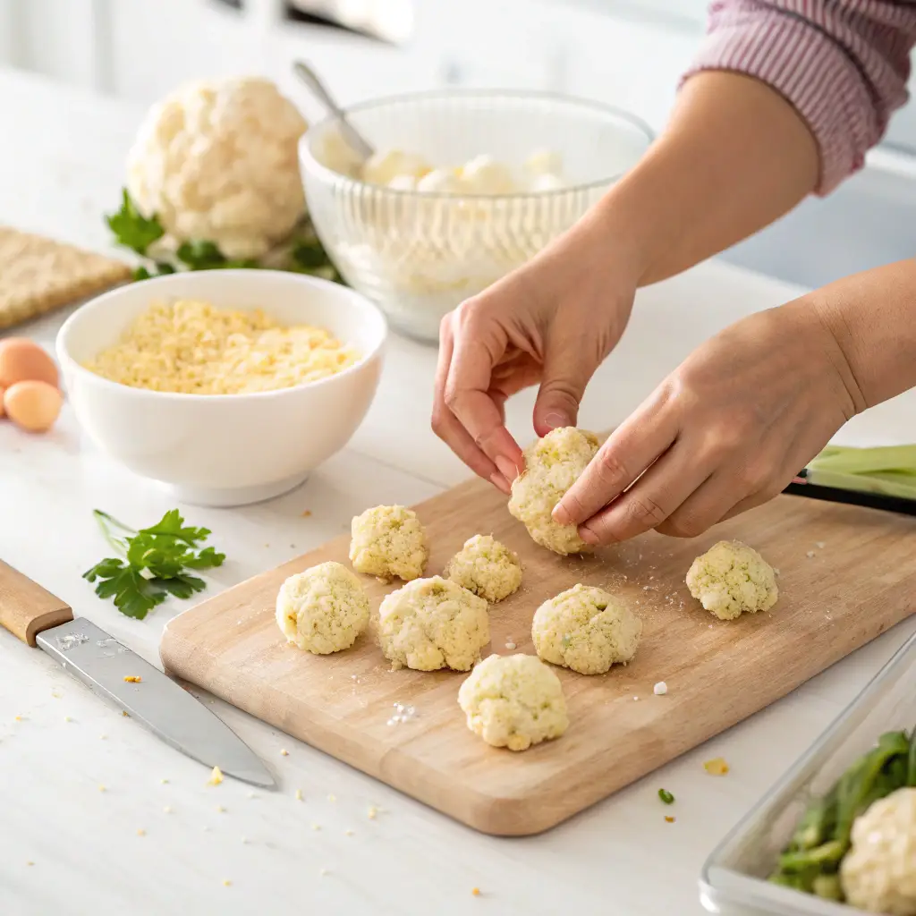 Hands shaping homemade cauliflower tots on a wooden board with ingredients like cheese, cauliflower, and parsley in the background.