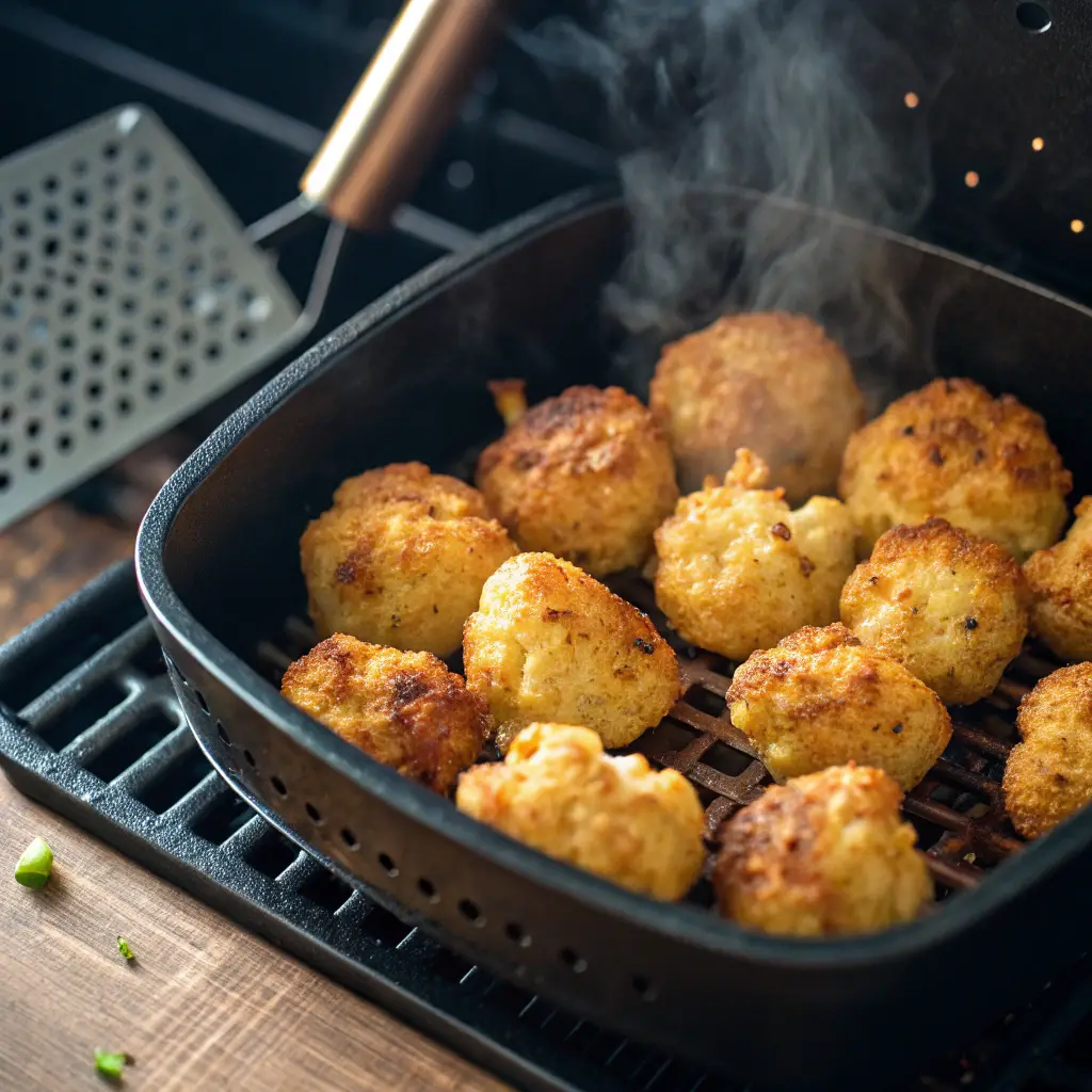 Golden brown cauliflower tots cooking in an air fryer basket, hot and crispy with steam rising.