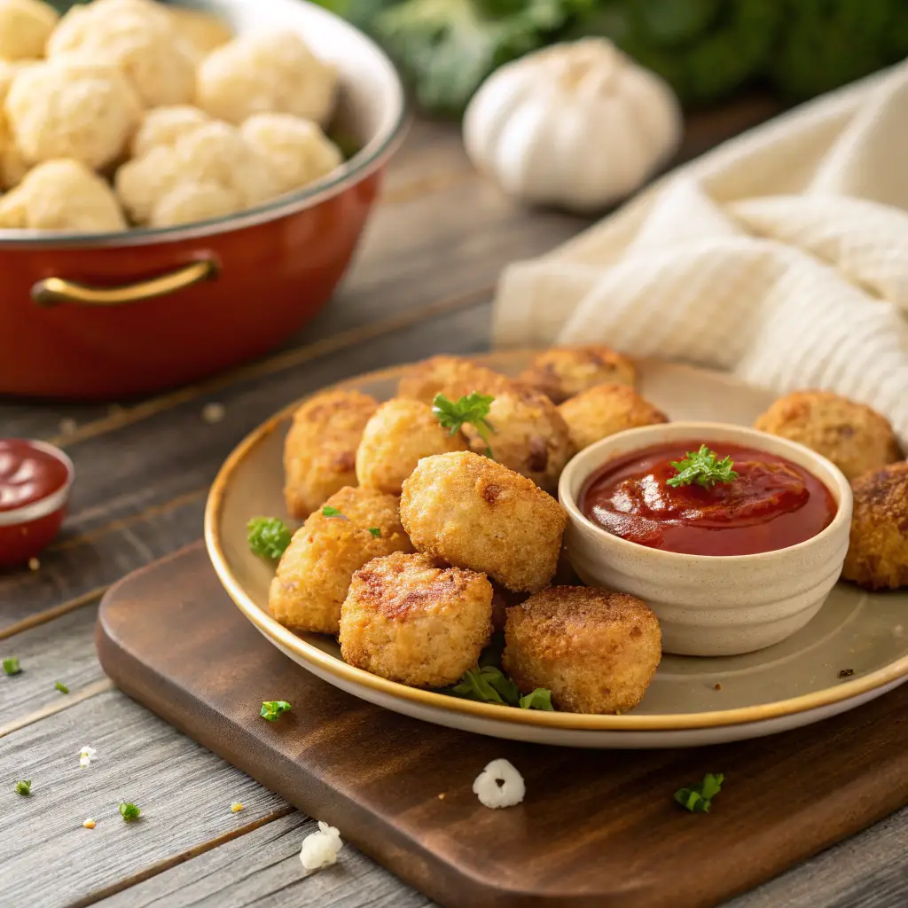 Crispy cauliflower tots served on a plate with tomato dipping sauce, garnished with parsley, with a bowl of uncooked tots in the background.