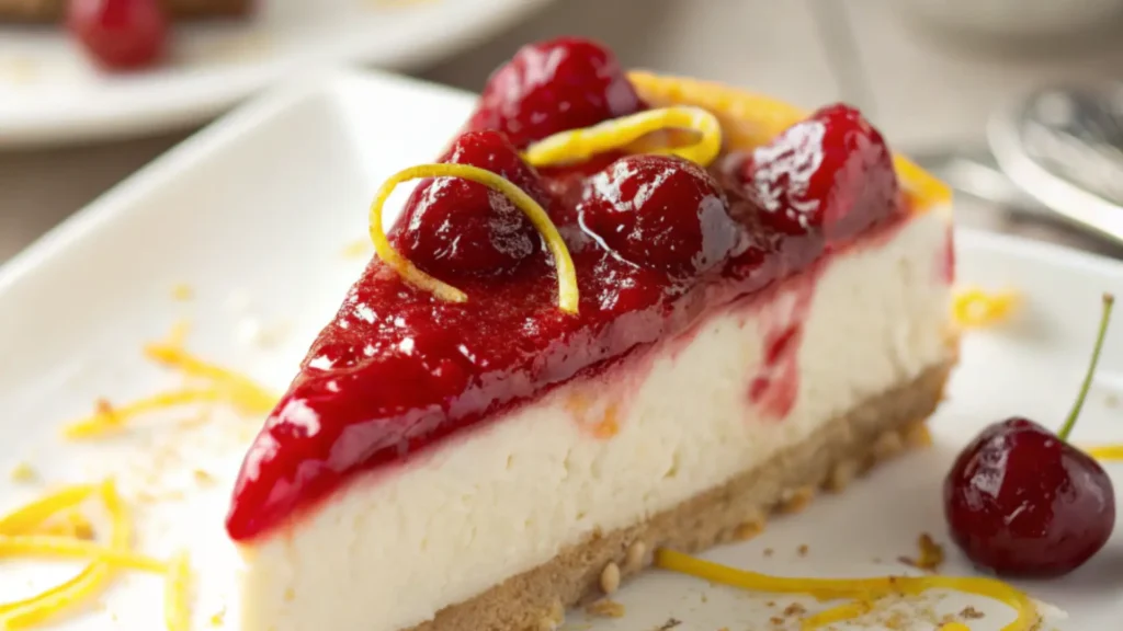 Cherry Lemon Cheesecake slice with cherry topping and lemon zest on graham cracker crust