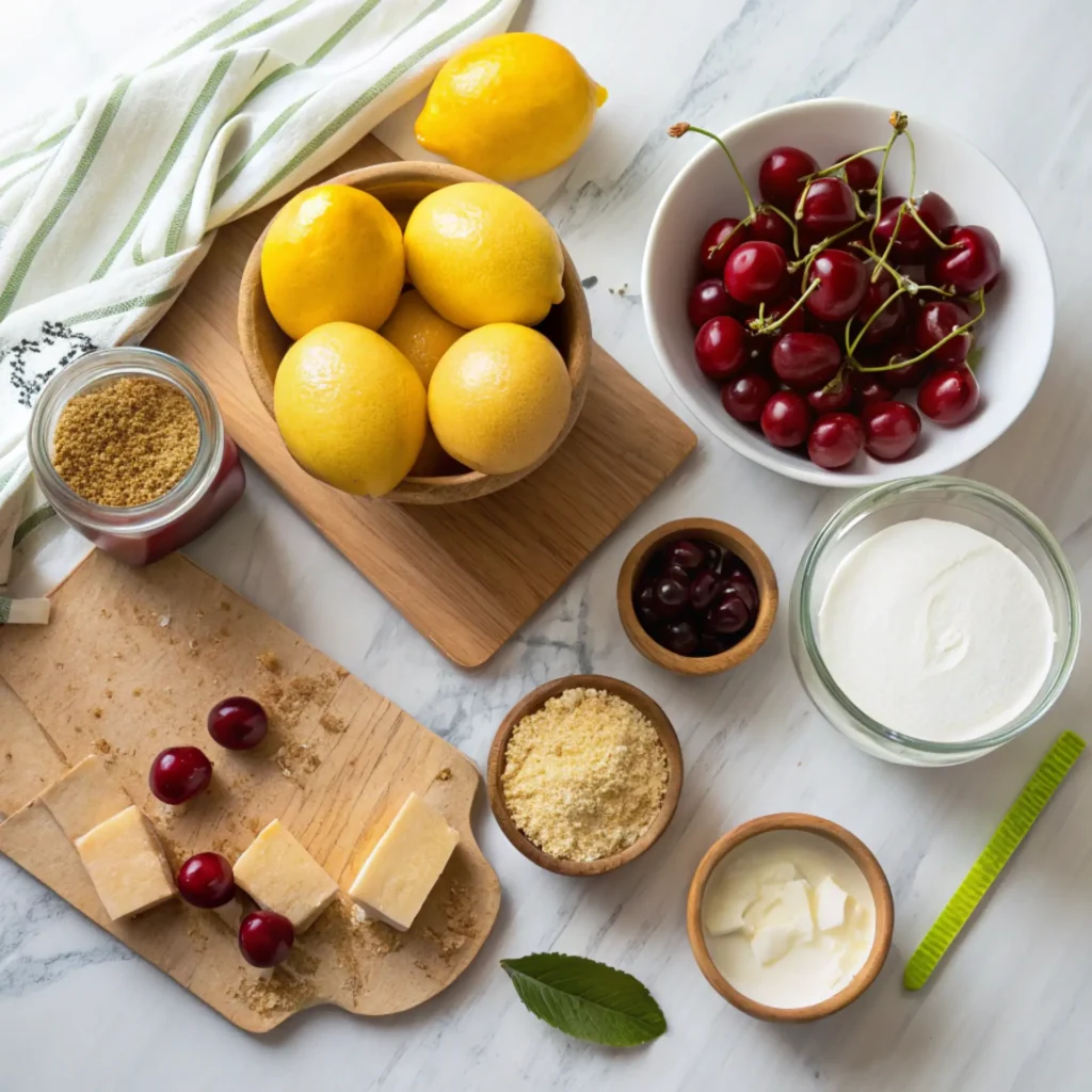 Cherry Lemon Cheesecake ingredients on a kitchen counter