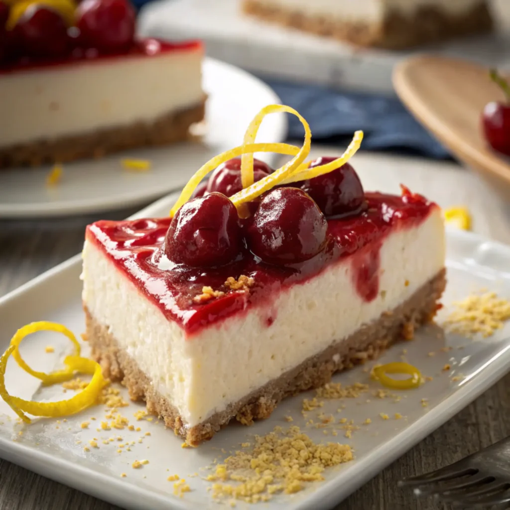 Cherry Lemon Cheesecake slice topped with cherry compote and lemon zest curls on graham cracker crust