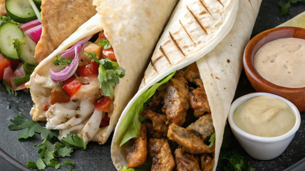 Delicious chicken shawarma wraps served with garlic sauces and fresh vegetables on a dark plate