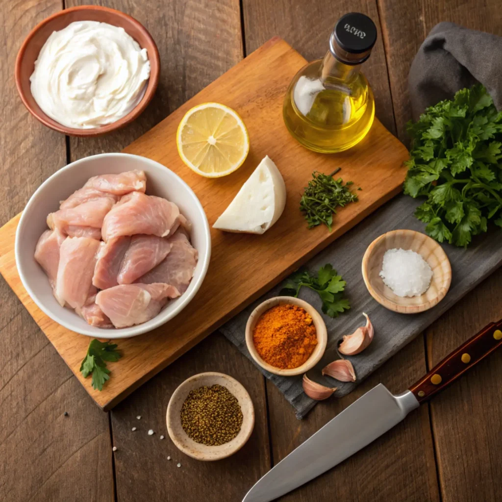 Flat lay of chicken shawarma ingredients including raw chicken, yogurt, olive oil, lemon, garlic, and spices on a rustic wooden surface