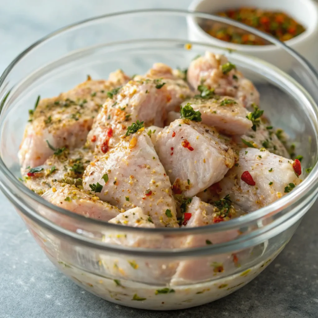 Glass bowl of raw chicken marinated with herbs, spices, and yogurt for chicken shawarma