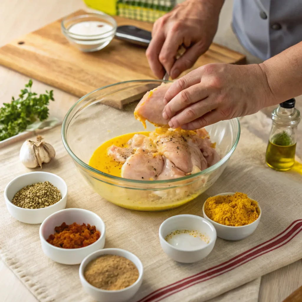 Chef preparing chicken shawarma by marinating raw chicken in a turmeric-yogurt spice mix with herbs and oil