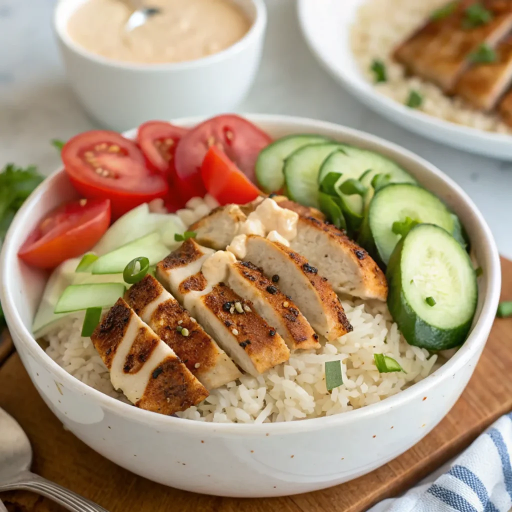 Colorful chicken shawarma bowl with grilled chicken, rice, cucumbers, tomatoes, and creamy tahini sauce