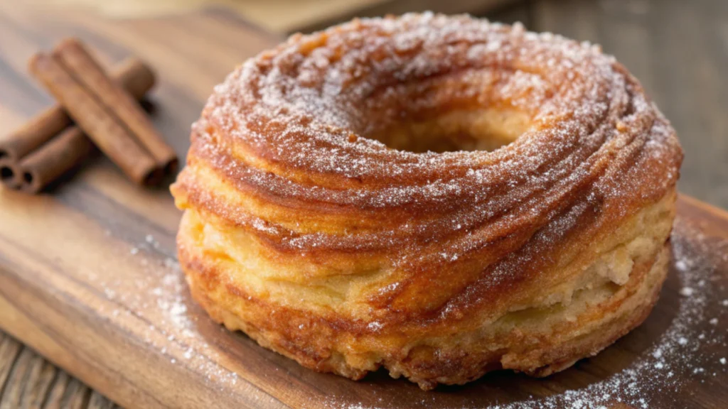 Close-up of a golden churro cronut topped with cinnamon sugar, resting on a wooden board with cinnamon sticks in the background.